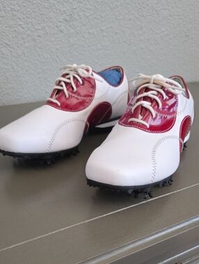 Footjoy White and Red Lace-Up Golf Shoes